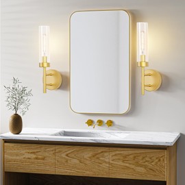 Wall Sconces Set of Two Hardwired Glitter Gold Sconces Set of 2 for Bathroom Mirror, Clearance - Modern Gold Sconce Light Vanity Fixtures Wall Lighting w/Clear Glass Shade for Living Room Bedroom