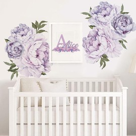 Runtoo Purple Flowers Wall Decals Backdrop Boho Peony Floral Wall Art Stickers for Girls Bedroom Living Room Office Home Decor