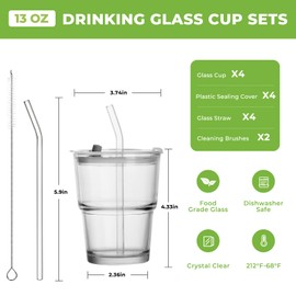 LYBHWBF 4 Pack 13 Oz Glass Cups with Lids and Straws Glass Iced Coffee Cups with Lids Vintage Glass Tumbler for Beer Ice Coffee Fruit Juice Elegant Aesthetic Cup Glassware Include 1 Cleaning Brushes