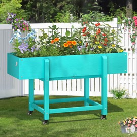 LUE BONA Raised Garden Bed with Wheels, 48 * 16.7 * 28 in, Poly Elevated Outdoor Planter Box with Tools, Weather Resistant, Standing Growing Bed Herb Planter for Vegetable, Flowers, Fruits