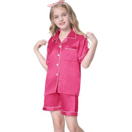 Silk Pajamas Sets for Women, 2 Pcs Sleepwear Silk Button-Down Pjs Outfit Lounge Set, Hot Pink, US XL