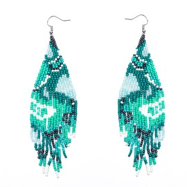 Kaseakia Handmade Boho Long Beaded Dangle Earrings for Women, Bohemian Big Large Seed Bead Beaded Tassel Earrings (Turquoise Green)
