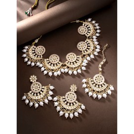 Aheli Traditional Gold Plated White Kundan Choker Necklace Dangle Earring & Maang Tikka Ethnic Jewelry Set Gift for Women