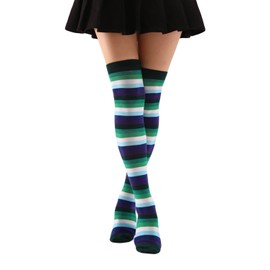 Benefeet Sox Green Striped Thigh High Socks for Women Cute Colorful Rainbow Striped Knee High Socks for Teen Girls Retro Vintage Over The Knee Socks Long Tube Cotton Socks Cosplay Thigh Highs Stocking