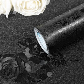 Apdidl Black Flower Wallpaper Peel and Stick, Gothic Black Floral Textured Contact Paper 118"X17.7", Removable Self Adhesive Waterproof Contact Wall Paper for Kitchen Drawers Walls Cabinets