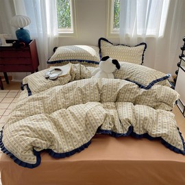 GETIYA Elegant Green Floral Bed Linen 135 x 200 cm Cotton Bed Linen Beige Girls Women's Bed Linen with Blue Ruffles Striped Duvet Cover Two Piece with Zip and 1 Pillowcase 80 x 80 cm