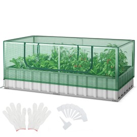 Giantex Raised Garden Bed with Cover, 16.5 Cu.Ft Galvanized Steel Planter Box Kit, Outdoor Mini Greenhouse w/ Roll up Window, 8 Pcs T Tags, Gloves, for Flower Herb Vegetable Fruit, 69”x36”x28”