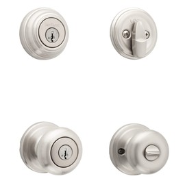 Kwikset Juno Keyed Entry Door Knob and Single Cylinder Deadbolt Combo Pack with Microban Antimicrobial Protection Featuring SmartKey Security in Satin Nickel