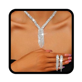 Brishow Wedding Jewelry Sets Sparkly Silver Bridal Necklaces and Earrings Formal Rhinestone Necklace for Women (Silver)