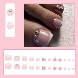24Pcs White French Press on Toenails - ZIFANHU Pink Fake Toe Nails Press ons Nail Tips Glitter Glue on Nails Full Cover Acrylic False Toenails with Rhinestones Nail Art Design for Women