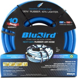 BLUBIRD BB12100 1/2" x 100' Rubber Air Hose, 100% Rubber, Lightest, Strongest, Most Flexible, 300 PSI, 50F to 190F Degrees, Ozone Resistant, High Strength Polyester Braided