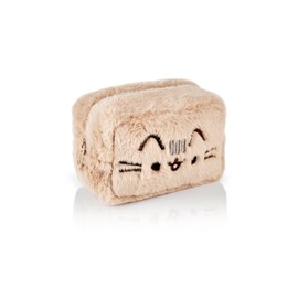 Pusheen Womens Fluffy Makeup Bag | Ladies All Over Fur with Embroidered Logo in Tan | Classic Logo Zip Cosmetic Storage Bag Cat Apparel Container Ample Storage | Animated Character Merchandise Gift