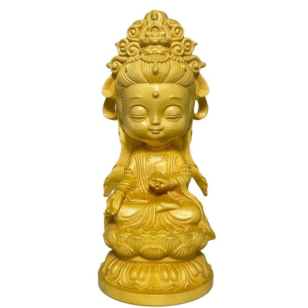 Umora Cute Kwan-yin Statue, Wood Carved, Made of Tsuge Plant, Kwan-yin Bodhisattva, Figurine, Feng Shui, Entrance Goods, Good Luck Goods, Buddha Statue, Amulet, Guanyin Buddhist Altar, Praying Box Included (3.7 inches (9.5 cm)