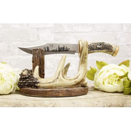 Ebros Gift 10.5" Long Western Wildlife 8 Point Buck Stag Deer Antlers Display Holder with Blunt Stainless Steel Forest Elk Sculpted Dagger Figurine Set Knife Letter Opener Rustic Decorative Sculpture