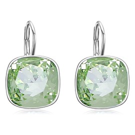 AOBOCO Sterling Silver Leverback Earrings Embellished with Crystals from Austria, Hypoallergenic Cushion Cut Square Crystal Earrings, Fine Anniversary Birthday Jewelry Gifts for Women (Light Green)