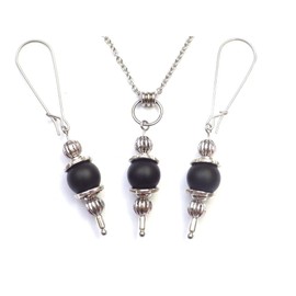 Vintage Style Stainless Steel Womens Necklace and Earring Jewelry Set with Black Frosted Agate Pendant