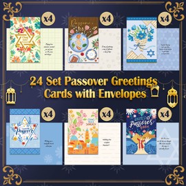 Janlaugh 24 Sets Passover Greetings Cards with Envelopes Passover Assorted Jewish Holiday Cards for Office Home Happy Party Supplies(Floral)