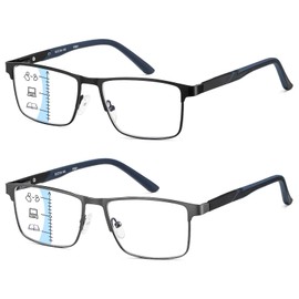 PUBOWT 2-Pack Multifocus Progressive Reading Glasses Men Blue Light Multifocal Computer Readers No-Line Trifocal Black（Workspace for Near Range +2.0 Strength）