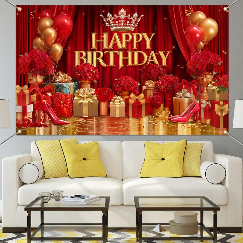 Mocsicka Red and Gold Birthday Banner(Red, 70.8 x 43.3 Inch)
