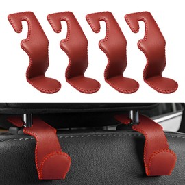 MEALAM 4 Pack Superior Leather Car Seat Headrest Hooks with 44 Pounds Load Capacity, Hangers Storage Organizer Universal Car Interior Accessories for Handbags Water Bottles Umbrellas, Red