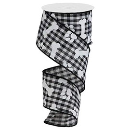 Paw Prints & Bones on Gingham Wired Edge Ribbon, 10 Yards (Black, White, 2.5 Inch)
