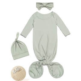 Soft Knotted Gown 0-3 Months, Breathable Infant Long Sleeve Sleepwear with Babies Announcement Sign Hat Bow for Girl and Boy Sage Green Newborn Outfits Baby Registry Must Haves