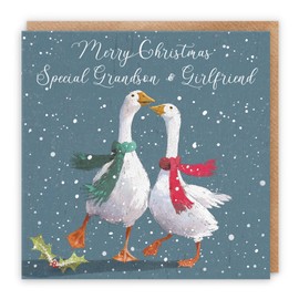 Hunts England - Grandson And Girlfriend Stunning Luxury Artistic Christmas Card - Merry Christmas - Special Grandson & Girlfriend - Festive Geese - Milos Gallery Collection