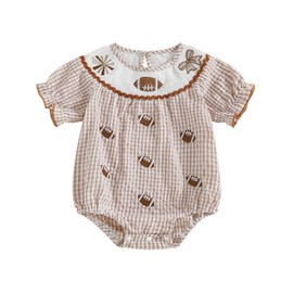 Adobabirl Baby Girl Football Outfit Rugby Smocked Romper Short Sleeve Bow Embroidery Plaid Jumpsuit Infant Cute Clothes (Khaki, 12-18 Months)