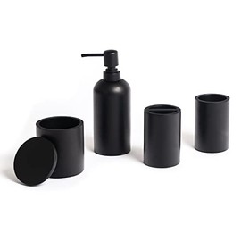 Jo Lavie - Matte Black 4-Piece Bathroom Accessories Set - Bath Sink Organizers Made of Resin - Modern & Contemporary House Collection - Toothbrush Holder & Tumbler, Cotton Swab Holder, Soap Dispenser