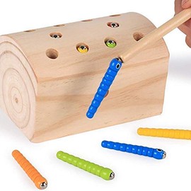 Bimaxta Wooden Worm Fishing Game Wooden Baby Children's Toy from up to 1, 2, 3 Years Montessori Wooden Toy Plug-In Game Motor Skills Promote Skill Children Gift Christmas