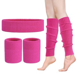 QHFlashbuy 80s Costume Accessory for Women Set, Neon Leg Warmers, Headband, 90s Costume Clothing Accessories for Carnival Years Theme Party Accessories (Rose Red)