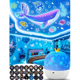 Projector Night Light for Kids + 21 Sets of Films, Kids Night Light Projector for Bedroom, Ceiling, Galaxy Projector for Girls with 360° Rotation, Dimmable for Birthday, Christmas, Nursery, Room Decor
