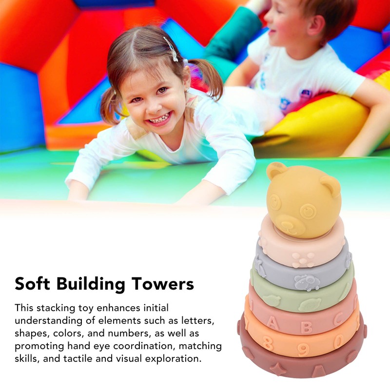 6 Pcs Soft Sensory Stacking Circle Toys with Bear Stacker