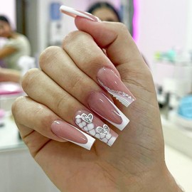 Coffin Press on Nails Long Fake Nails with Designs Glossy Valentine’s Day Glue on Nails Glitter Silvery Swirl White False Nails Heart Nails Press on Acrylic Nails French Tip Stick on Nails for Women