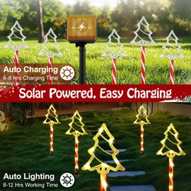 Lewondr Solar Christmas Pathway Lights, 5 PCS Solar Christmas Decorations Outdoor with 2 Lighting Modes, Clear Xmas Tree Lights with Red Pole and Garden Stake, Waterproof Garden Yard Holiday Decor