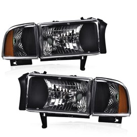 G-PLUS Headlights Assembly Fit Dodge Ram 1500 1994-2001/Fit Dodge Ram 2500 3500 1994-2002(Not fit Ram Sport) Headlamps w/o Bulbs Clear Lens Black Housing Amber Reflector,faros delanteros