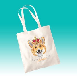 SmartyPants Queen's Platinum Jubilee 2022 Corgi Dog Tote Bag - Queen Elizabeth Her Majesty 70 Years Anniversary Commemorative Souvenir Royal Celebration Cotton Shopper Gift Present (Natural Prime)