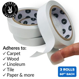 Hippie Crafter Clear Double Sided Tape, 1 Inch Wide Heavy-Duty Adhesive, Removable Mounting Tape for Posters, Carpets, Wall-Safe Use, 3 Pack, 60 Feet Each,180ft Total