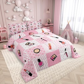 Women Cosmetics Comforter Set for Adults,Make Up Theme Watercolor Lipstick Eye Shadow Nail Polish Bedding Comforter Sets Queen,Dreamy Pink Geometry Patchwork Quilt Comforter with 2 Pillowcases