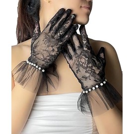 changyexi Black Lace Gloves Costume Women Tea Party, Formal Sheer Mesh Opera Gloves, Wedding Bridal Pearl Short Tulle Gloves (Lace Pearl, One size)