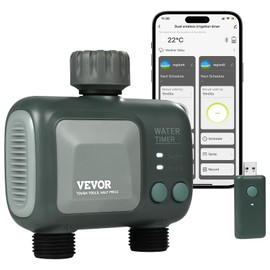 VEVOR Sprinkler Timer WiFi Water Timer, 2 Outlets, Smart Hose Faucet Water Timer with Brass Inlet, APP Remote Control via 2.4Ghz WiFi or Bluetooth, Voice Control, IPX6 for Garden, Yard Watering