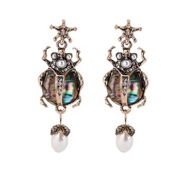 Vintage Bug Insect Beetle Dangle Earrings Abalone Shell Crystal Pearl Antiqued Gold Scarab Ladybug Drop Earrings for Women-Abalone Shell