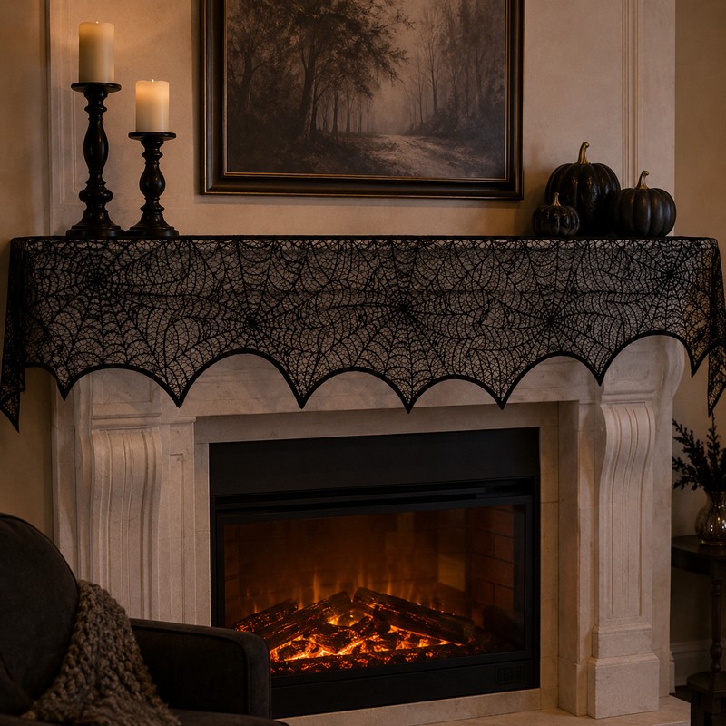 Halloween Black Lace Spiderweb Mantel Scarf - 18x96 Inch Fireplace