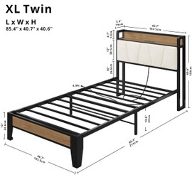 LIKIMIO Twin XL Bed Frames, Storage Headboard with Charging Station, Solid and Stable, Noise Free, No Box Spring Needed, Easy Assembly, Wood and Cream