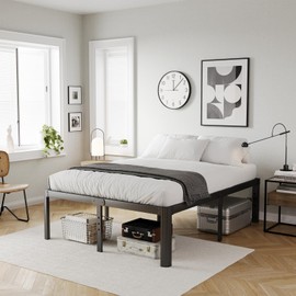 KERAMIK 18 Inch High Queen Bed Frame No Box Spring Needed, Platform Bed Frame Queen Size Metal with Round Edge, Easy Assembly, Heavy Duty, Black