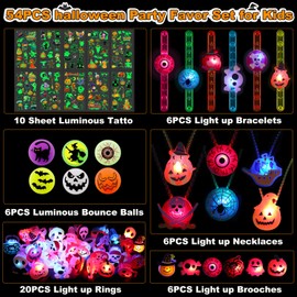 Recuerdos de fiesta de Halloween para niños, 52 piezas de juguetes iluminados de Halloween con pulsera, collar, anillo, broche, bola de rebote, pegatina de tatuaje, juguetes de Halloween que brillan