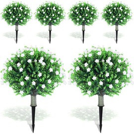 Yunlly 6 Pcs Artificial Boxwood Ball Topiary Tree with Flowers 20" Tall Artificial Plants Outdoor Faux Bush, Lifelike UV Resistance Fake Shrub with Ground Spike for Porch Patio Indoor Decor(White)