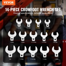 VEVOR Crowfoot Wrench Set, 1/2" Drive 14-Piece SAE (1-1/16" - 2") Crows Foot Wrench Set with Storage Tray, 40CR Material with Laser Etched Sizing, for Mechanical Maintenance and Repairs