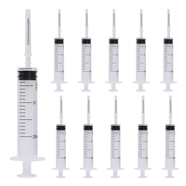20 ml Syringe, 10 Pack Plastic Syringes with 16Ga Needles and Caps, Sterile and Individually Sealed Packaged, for Feeding Pets, Industrial Scientific Labs, Measuring Liquid, Refilling Oil or Glue