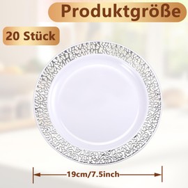 Kinmsito Pack of 20 Plastic Plates with Silver Rim, 19 cm White Dessert Plates, Premium Reusable Plastic Plates, Reusable Sturdy Hard Plastic Party Plates for Weddings, Parties